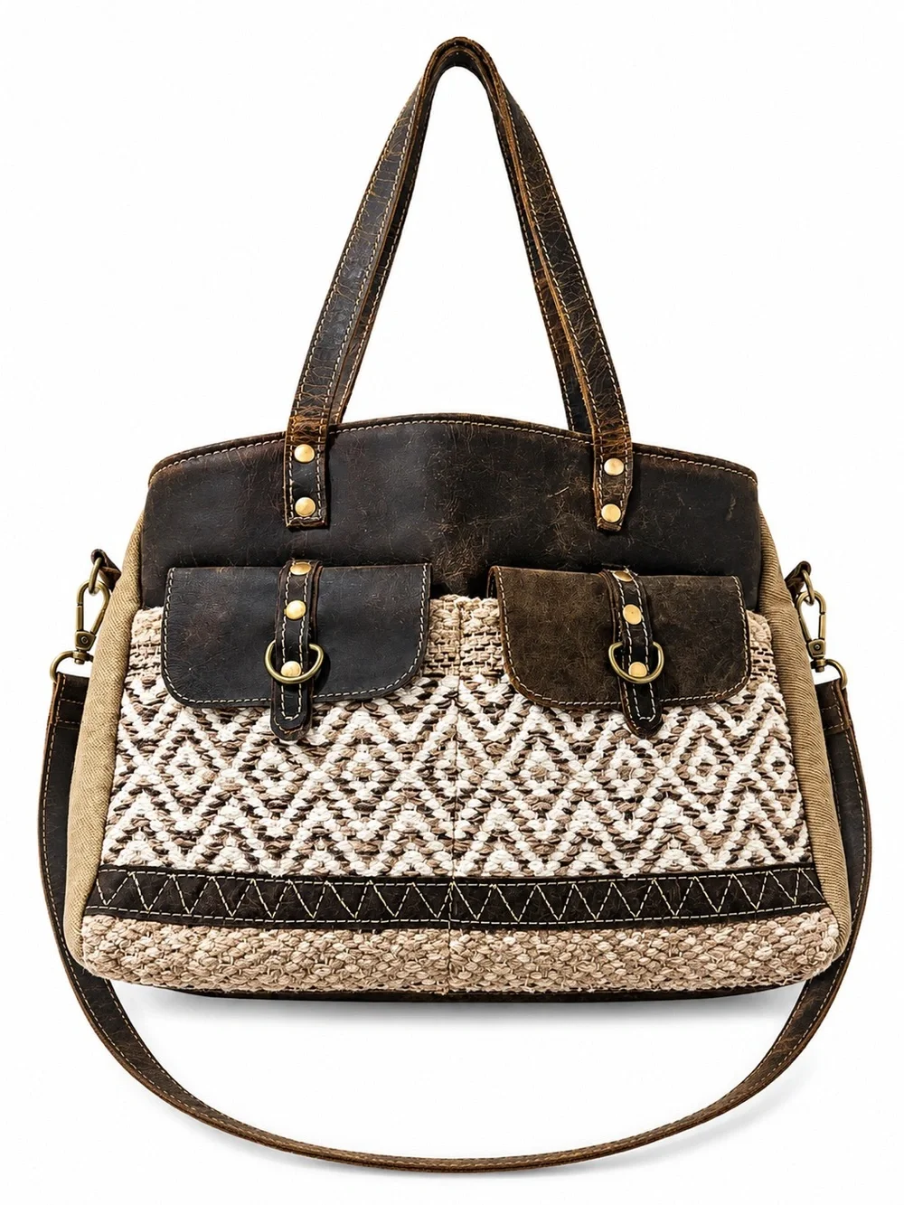 Myra Cherish Tote Brown Leather Canvas Woven Crossbody Shoulder Bag